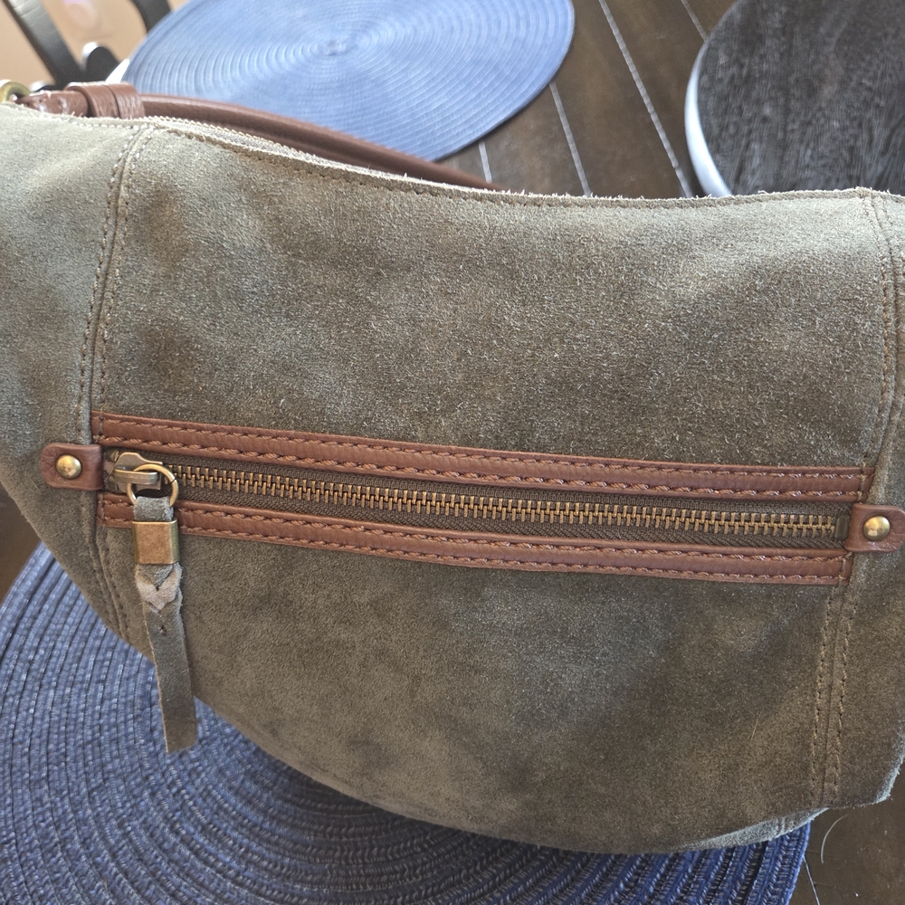 The Sak Olive Green Suede Shoulder Bag with Brown Leather Trim - Picture 4 of 16